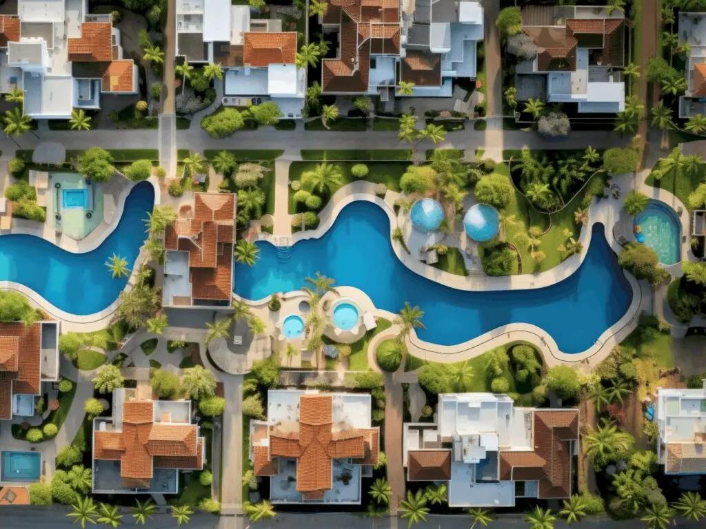 Aerial view of a planned residential community development with multiple pools