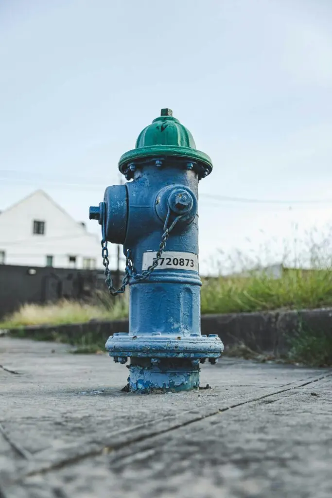 Blue fire hydrant on a sidewalk
