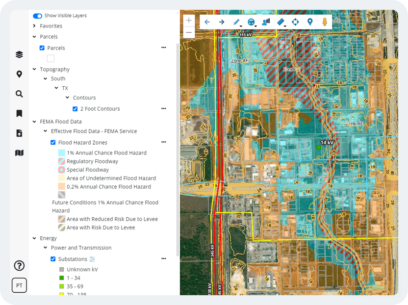 Flood and substation data depicted in Latapult's GIS mapping platform