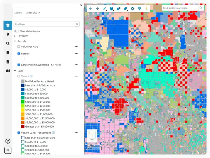 Latapult's parcel mapping tool displaying land value data