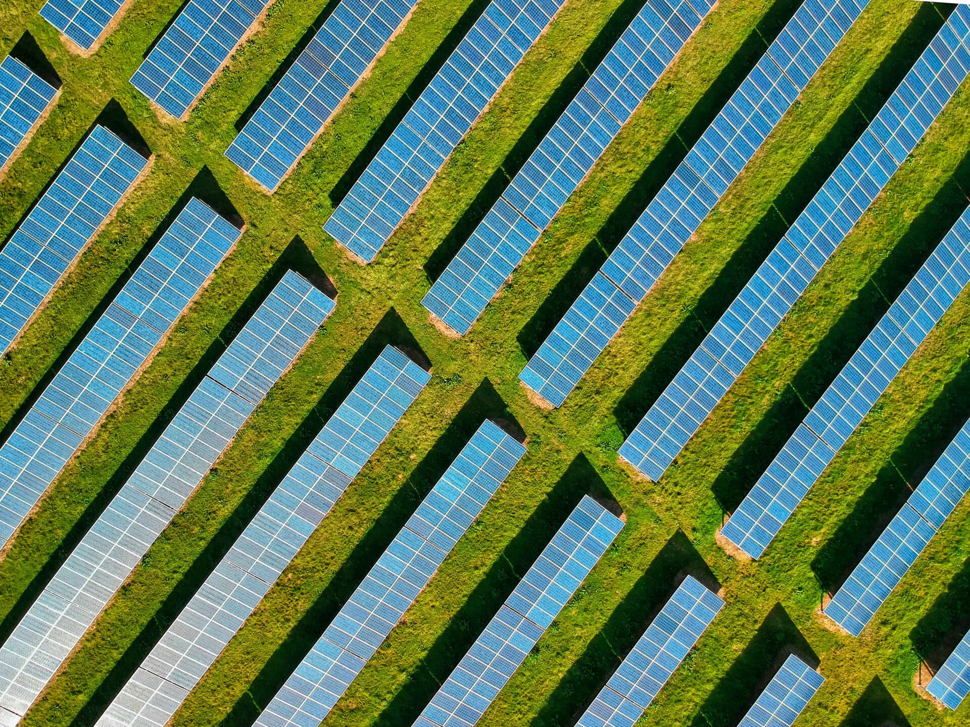Aerial view of solar panels on a solar farm