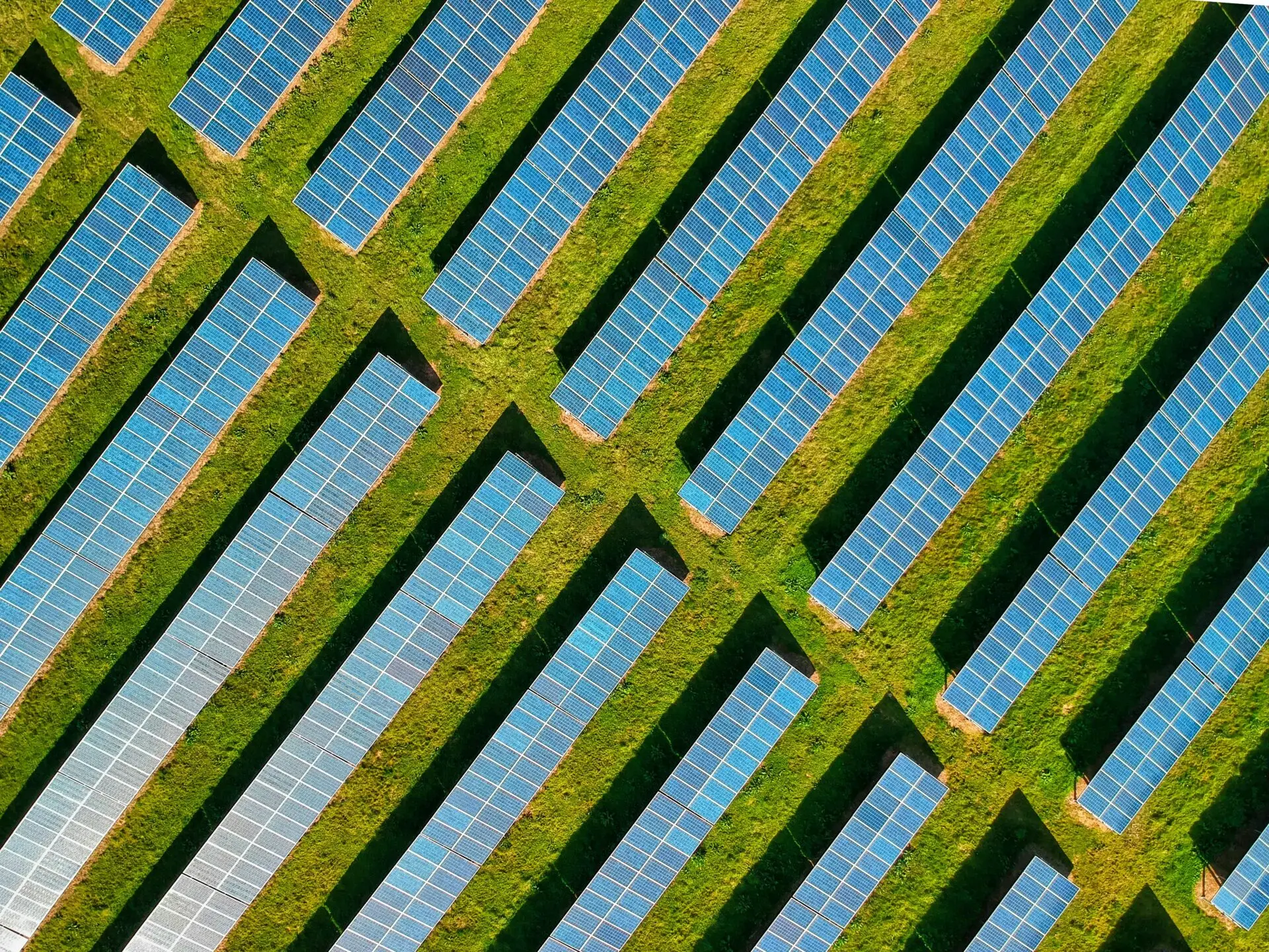 Aerial view of solar panels on a solar farm