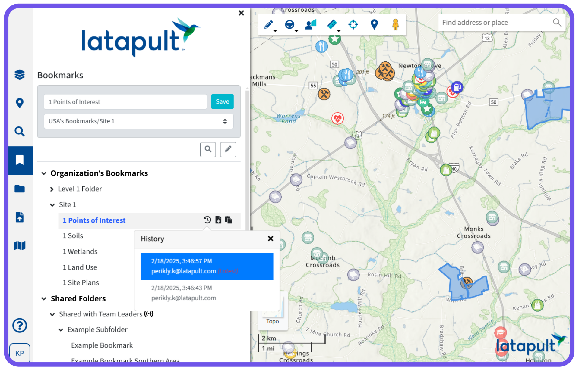 GIS mapping software demonstrating Latapult’s Shared Bookmark Folders for deeper team collaboration and engagement.