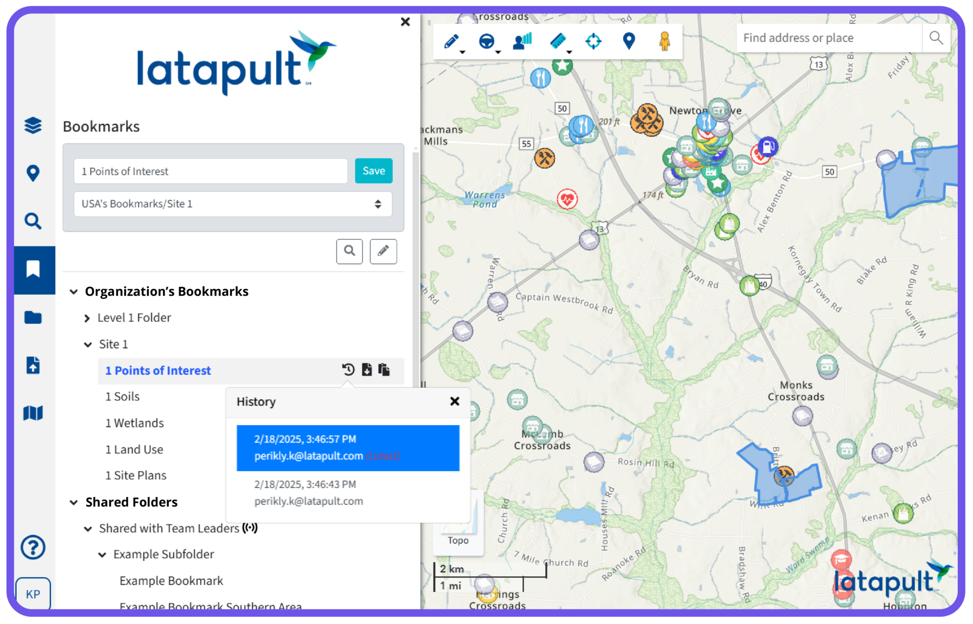 GIS mapping software demonstrating Latapult’s Shared Bookmark Folders for deeper team collaboration and engagement.