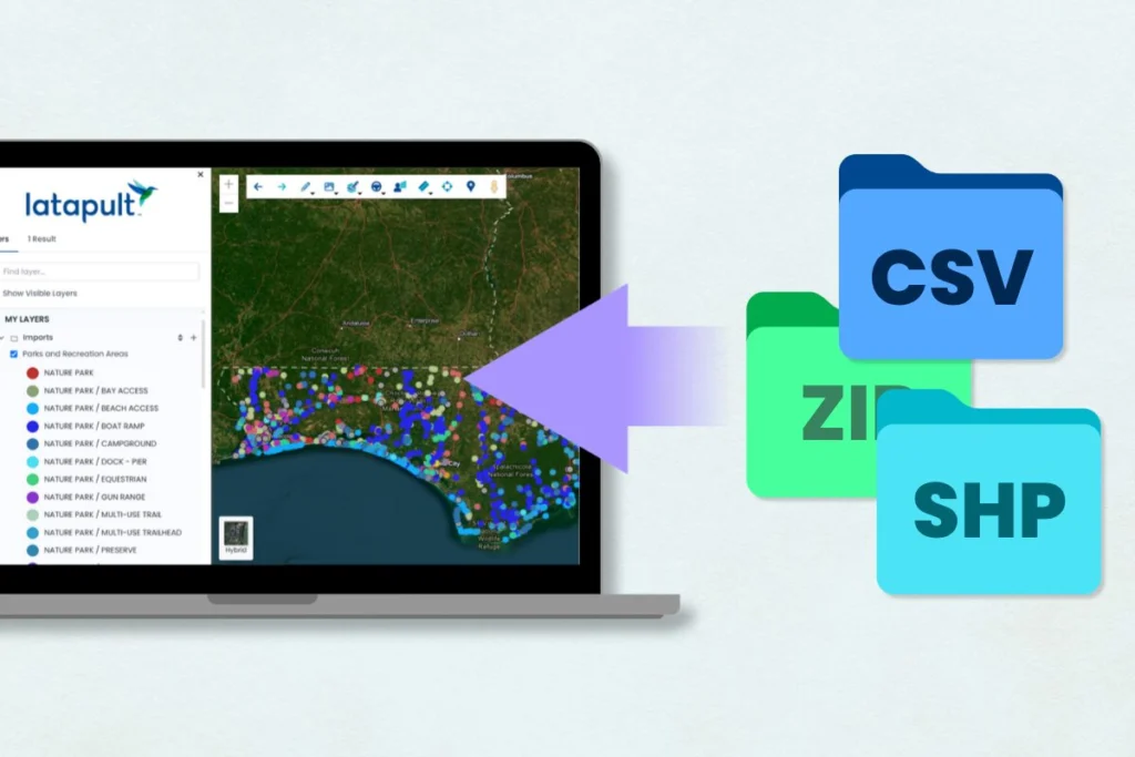 Laptop displaying a Latapult GIS software dashboard